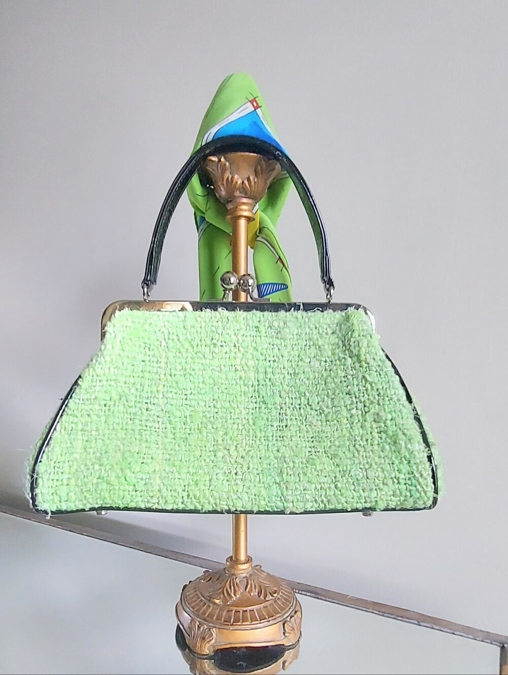 Glenda Gies Lime Green Tweed Top-Handle  Kiss Lock Handbag